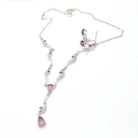 Purple Crystal Y Drop Necklace And Earrings Set Silver Tone Dainty Feminine - Picture 1 of 8
